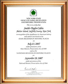 Framed certificate from the NYS Office of Parks, Recreation, and Historic Preservation